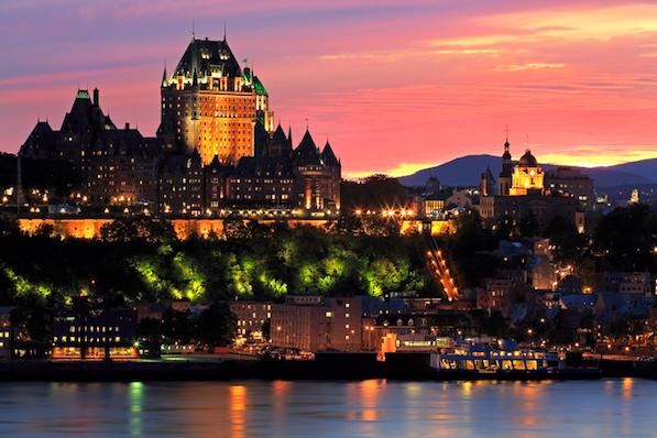 Quebec City skyline at dusk and Saint Lawrence River